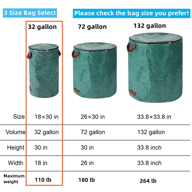 Pilntons 4 Pack 32 Gallons Reusable Yard Waste Bags with Zipper Lid Lawn Leaf Bags Heavy Duty with 4 Handles Garden Waste Bags Container for Clean Up Outdoor Debris Leaves Grass Clippings - Image 2